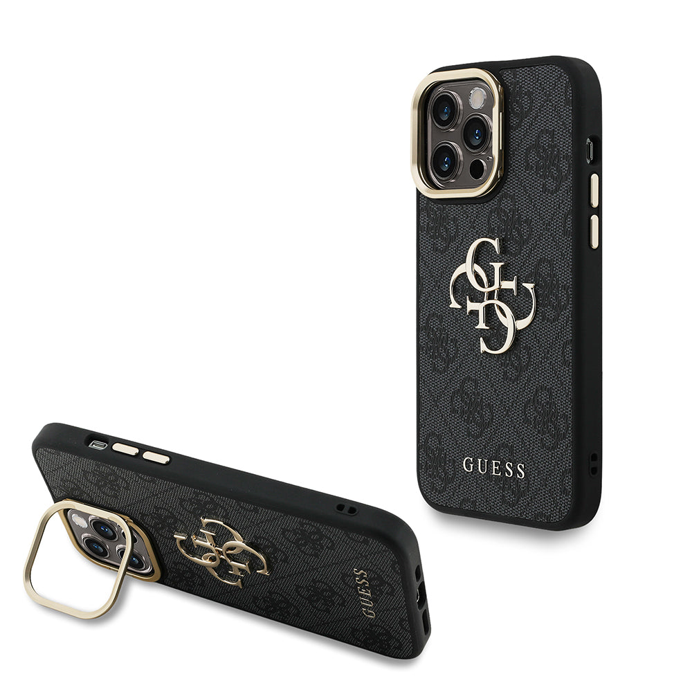 Apple iPhone 13 Pro Max Kılıf Guess Orjinal Lisanslı PU Deri 4G Desenli Metal Büyük 4G ve Yazı Logolu Kamera Standlı Kapak