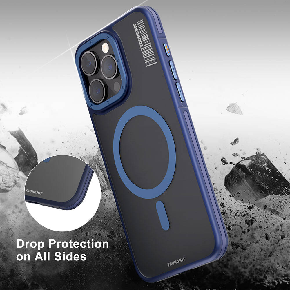 Apple iPhone 13 Pro Max Kılıf M-safe Şarj Özellikli Youngkit Rock Sand Serisi Kapak Mavi