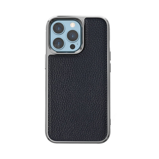 Apple iPhone 13 Pro Max Kılıf Wiwu Genuine Leather Silver Calfskin Orjinal Deri Kapak Siyah