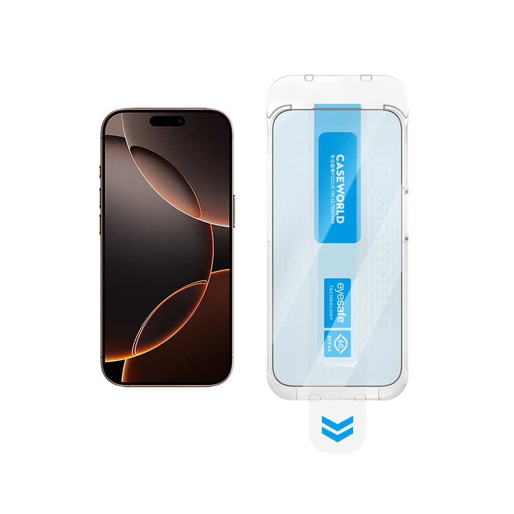 Apple iPhone 14 CaseWorld Applicator Serisi 2.5D Eyesafe Mavi Işık Teknolojili 0.33mm Temperli Cam Ekran Koruyucu + Uygulama Aparatı Şeffaf
