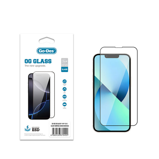 Apple iPhone 14 Go Des OG Glass Antistatik Temperli Cam Ekran Koruyucu Şeffaf