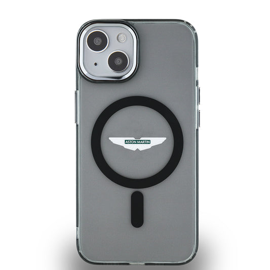 Apple iPhone 14 Kılıf Aston Martin Orjinal Lisanslı M-safe Şarj Özellikli  IML Baskı Logolu Metal Düğmeli Kapak Siyah