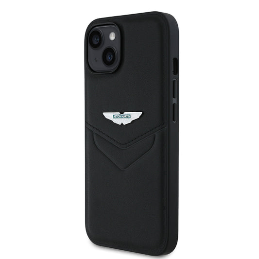 Apple iPhone 14 Kılıf Aston Martin Orjinal Lisanslı Victory Dizayn PU Deri Metal Logolu Kapak Siyah
