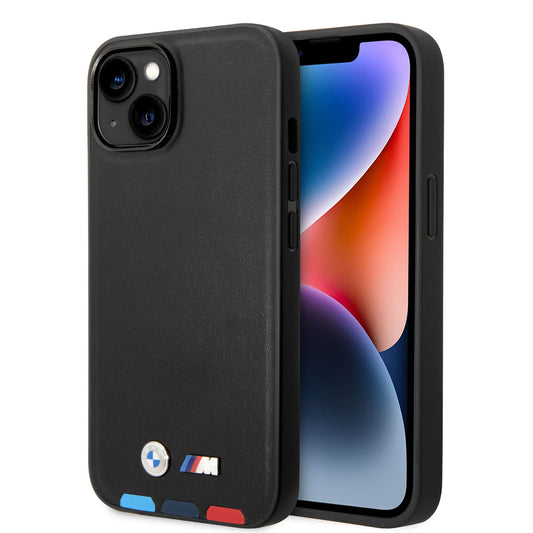Apple iPhone 14 Kılıf BMW M-safe Şarj Özellikli PU Deri 3 Renkli Logolu Dizayn Kapak Siyah