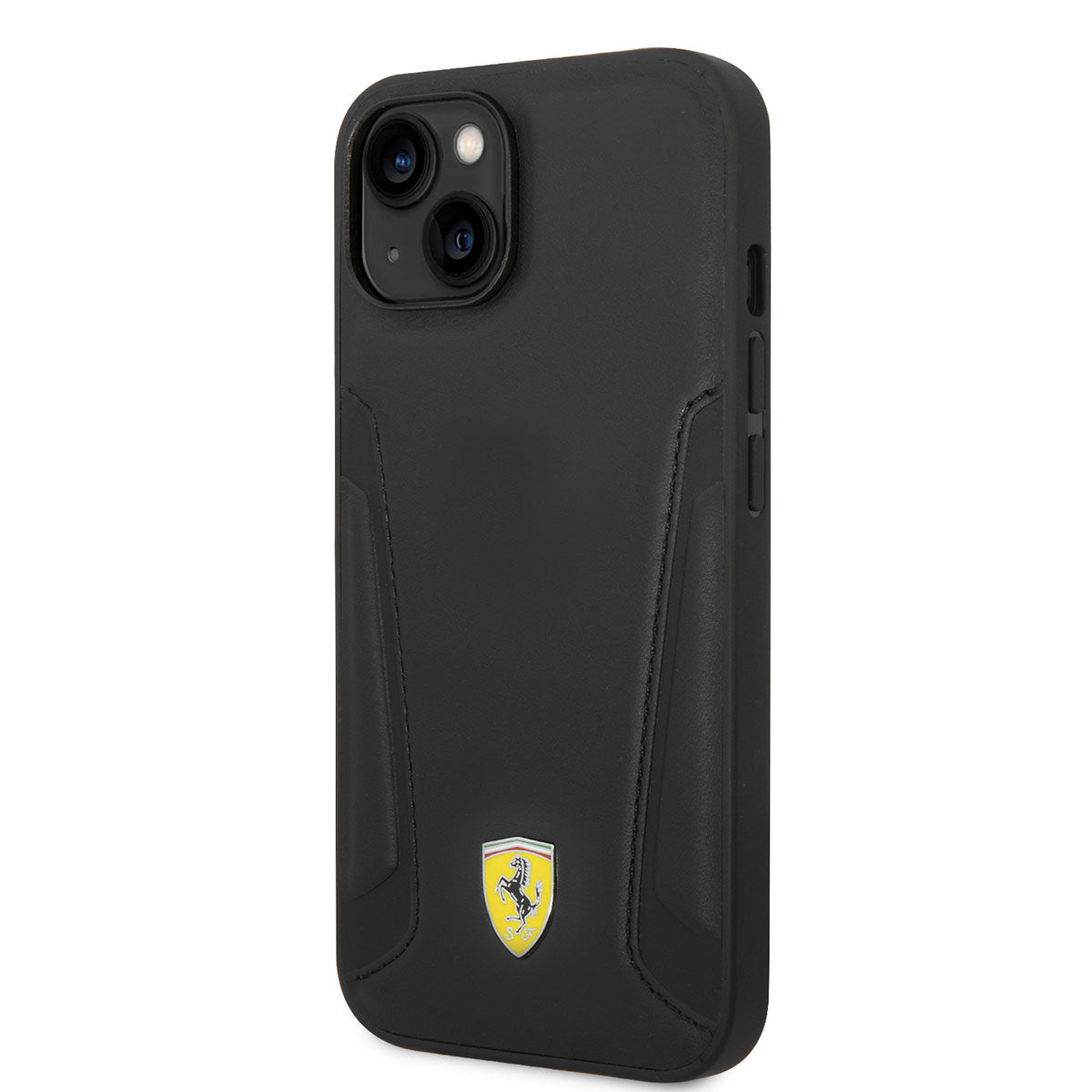 Apple iPhone 14 Kılıf Ferrari M-safe Şarj Özellikli Deri Kenarları Damgalı Dizayn Kapak Siyah