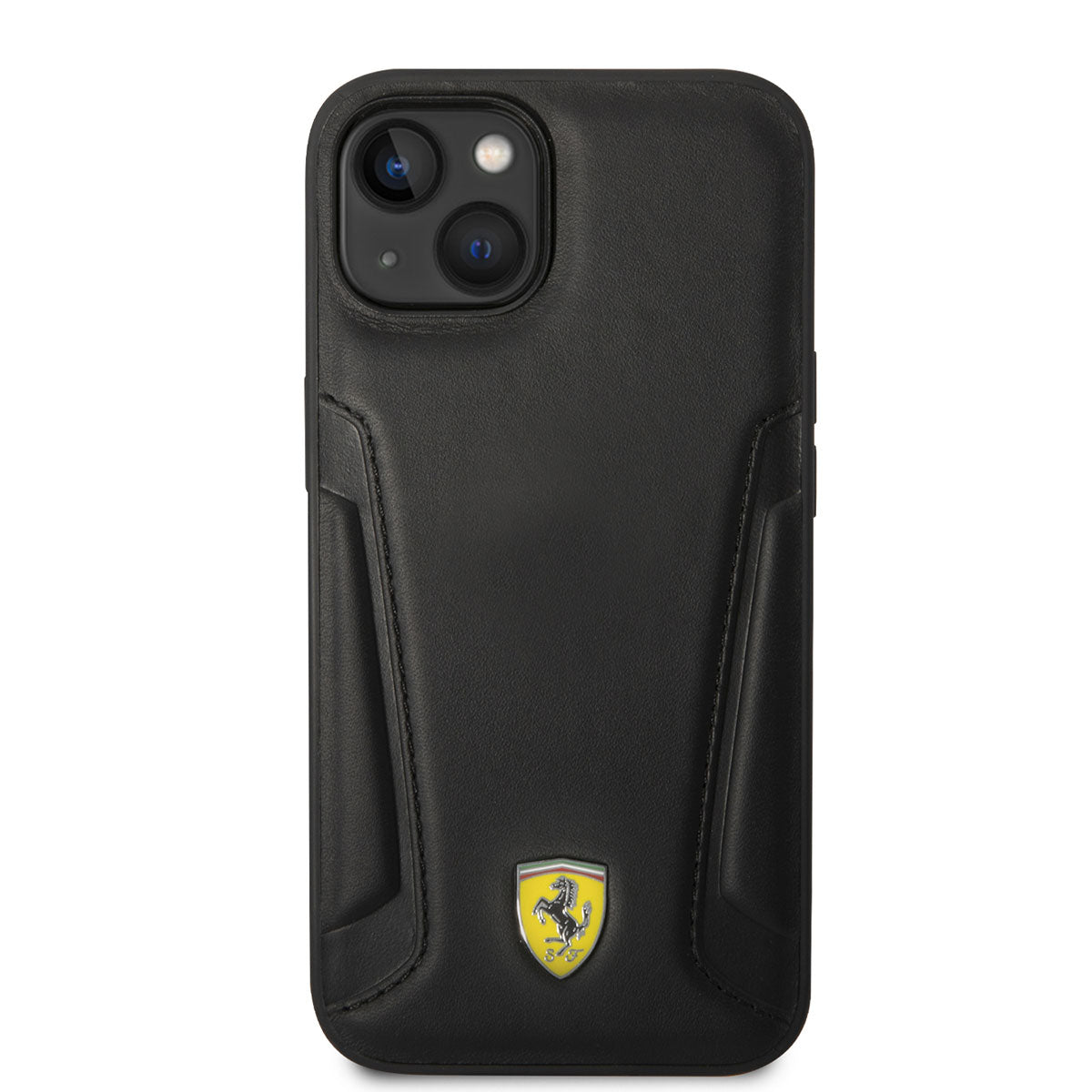 Apple iPhone 14 Kılıf Ferrari M-safe Şarj Özellikli Deri Kenarları Damgalı Dizayn Kapak Siyah