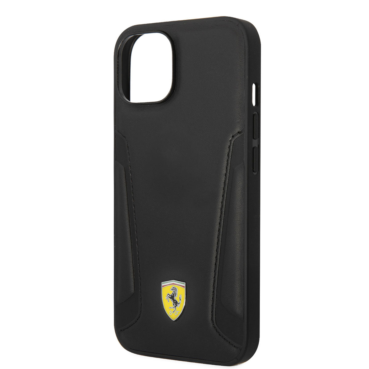 Apple iPhone 14 Kılıf Ferrari M-safe Şarj Özellikli Deri Kenarları Damgalı Dizayn Kapak Siyah