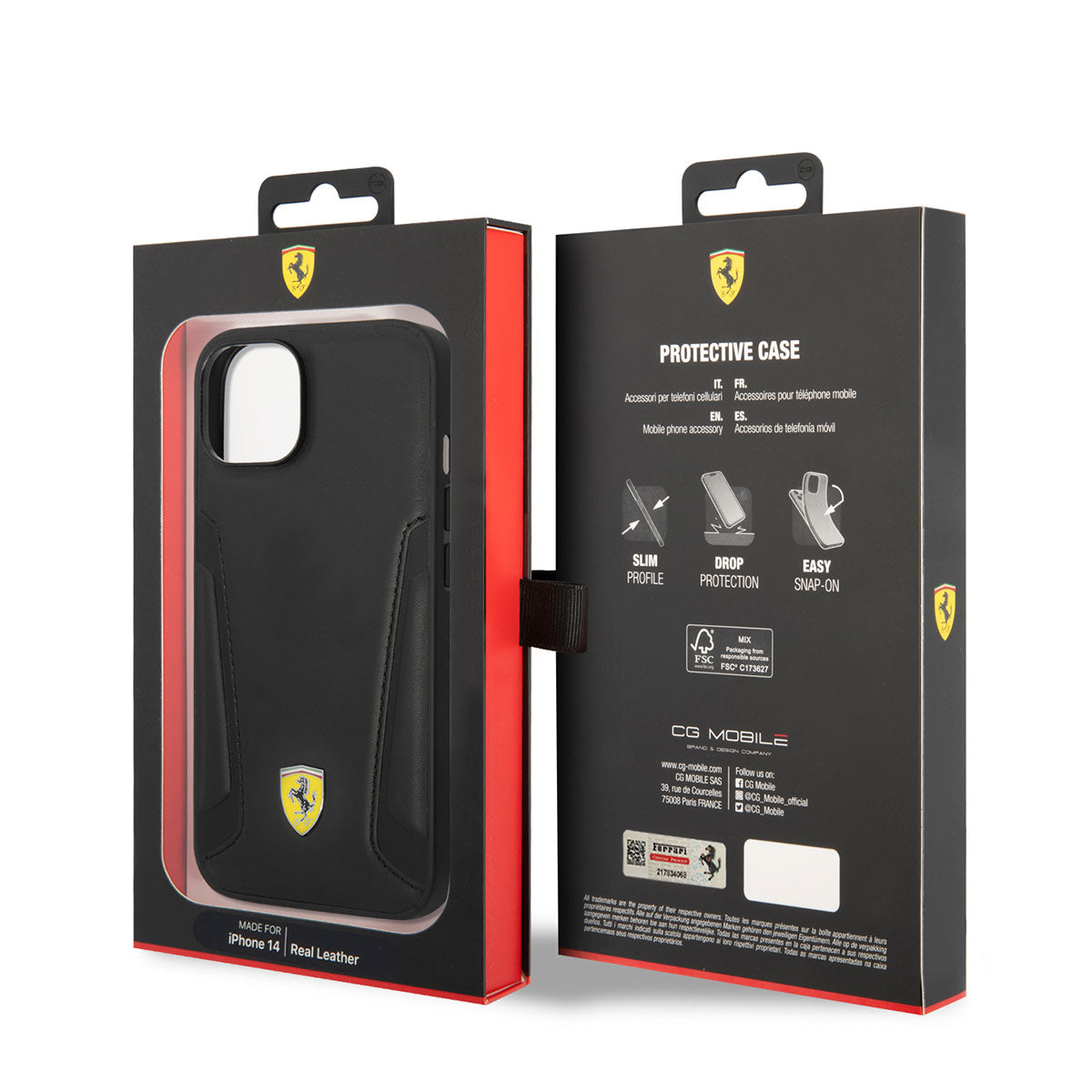 Apple iPhone 14 Kılıf Ferrari M-safe Şarj Özellikli Deri Kenarları Damgalı Dizayn Kapak Siyah