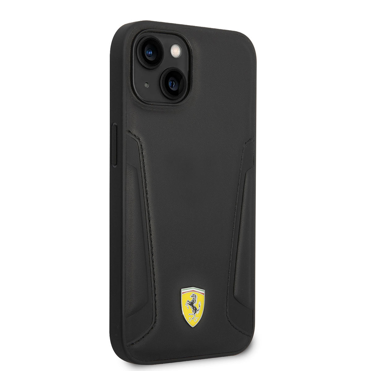 Apple iPhone 14 Kılıf Ferrari M-safe Şarj Özellikli Deri Kenarları Damgalı Dizayn Kapak Siyah