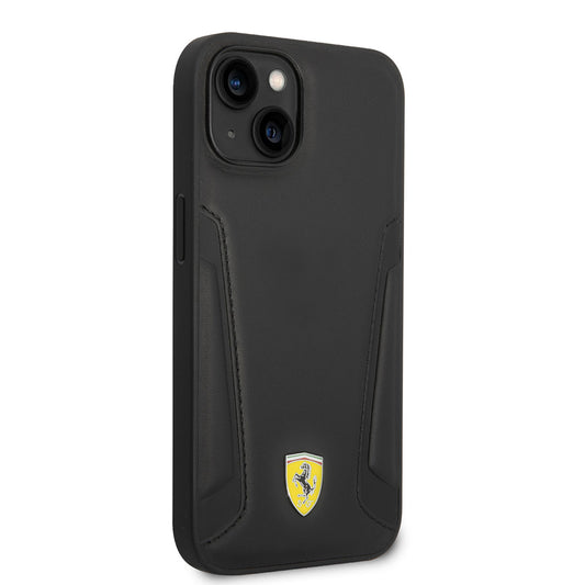 Apple iPhone 14 Kılıf Ferrari M-safe Şarj Özellikli Deri Kenarları Damgalı Dizayn Kapak Siyah