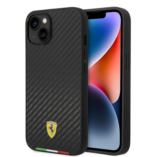 Apple iPhone 14 Kılıf Ferrari M-safe Şarj Özellikli Karbon İtalyan Bayrak Dizayn Kapak Siyah