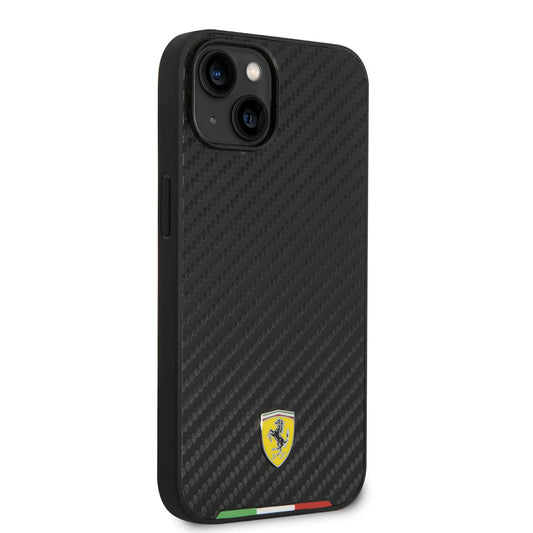 Apple iPhone 14 Kılıf Ferrari M-safe Şarj Özellikli Karbon İtalyan Bayrak Dizayn Kapak Siyah