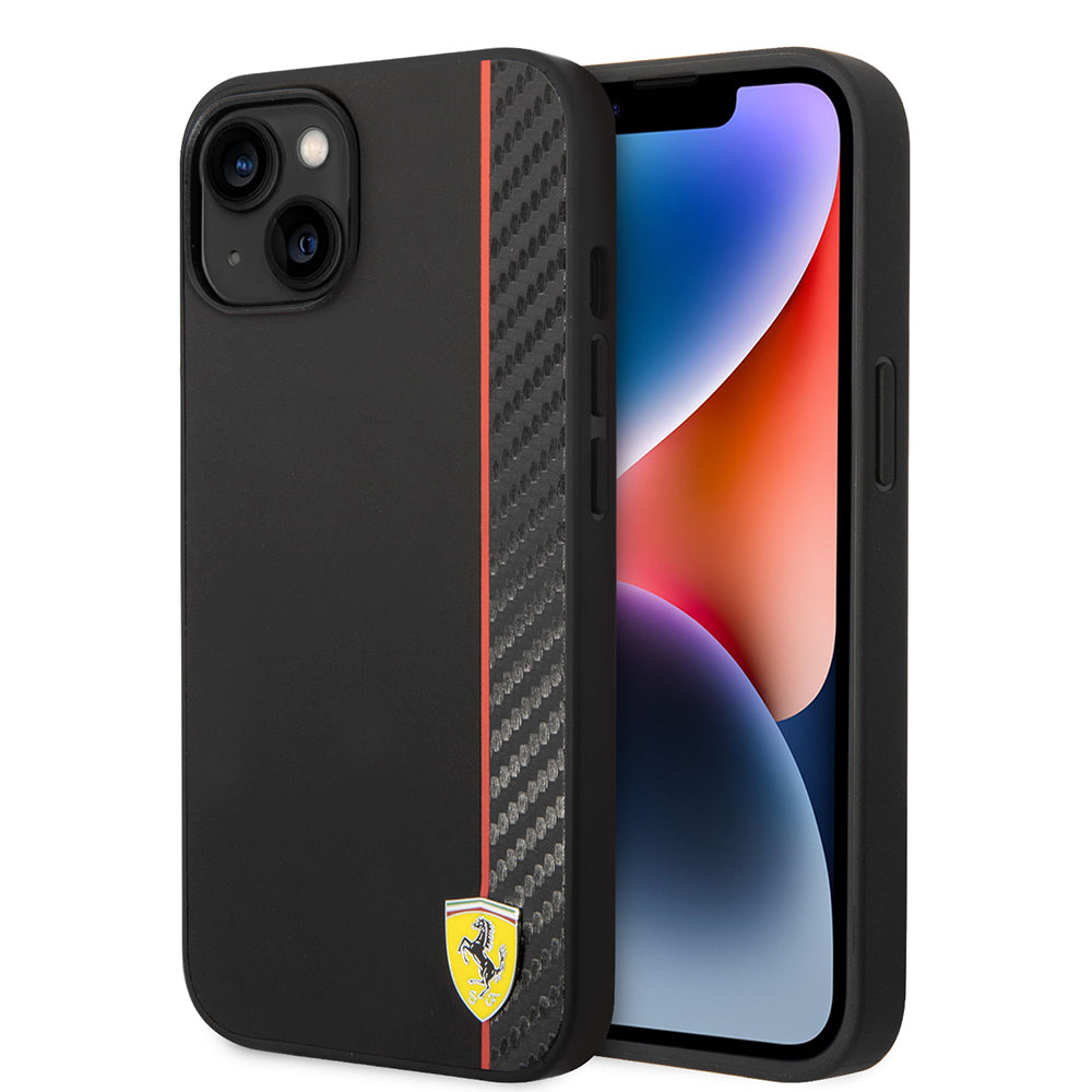 Apple iPhone 14 Kılıf Ferrari Orjinal Lisanslı M-safe Şarj Özellikli Pu Deri Ve Karbon Şeritli Dizayn Kapak
