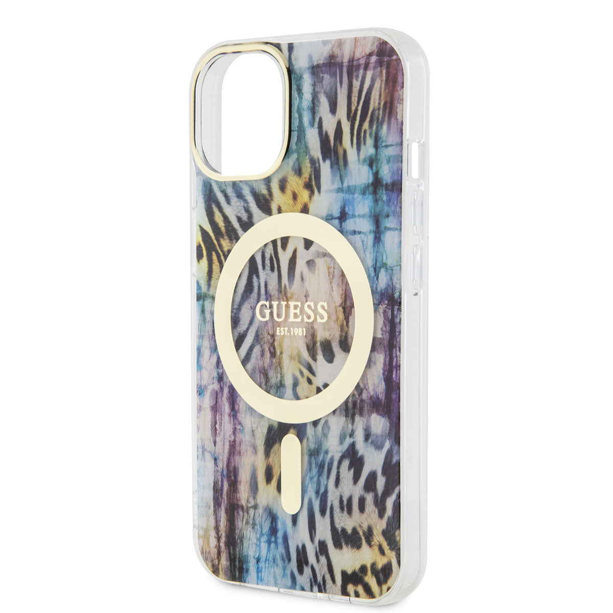 Apple iPhone 14 Kılıf GUESS M-safe Şarj Özellikli Leopar Desenli Kapak Pembe