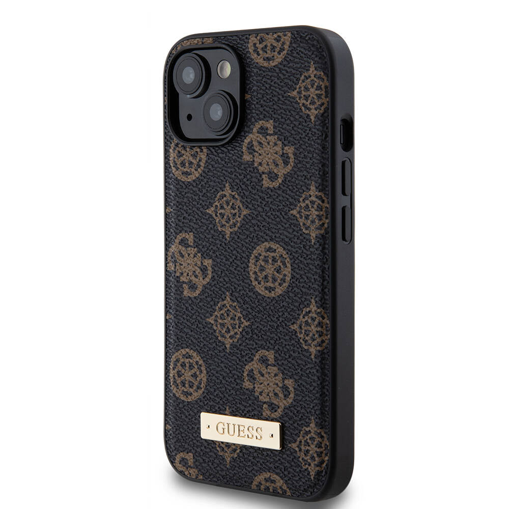 Apple iPhone 14 Kılıf Guess M-safe Şarj Özellikli PU Deri Desenli Metal Plaka Logolu Kapak Siyah