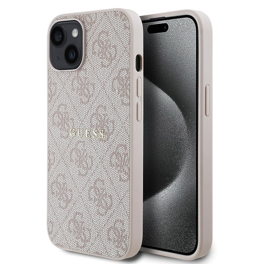 Apple iPhone 14 Kılıf Guess Orjinal Lisanslı M-safe Şarj Özellikli 4G Desen Yazı Logolu Kapak Kahverengi