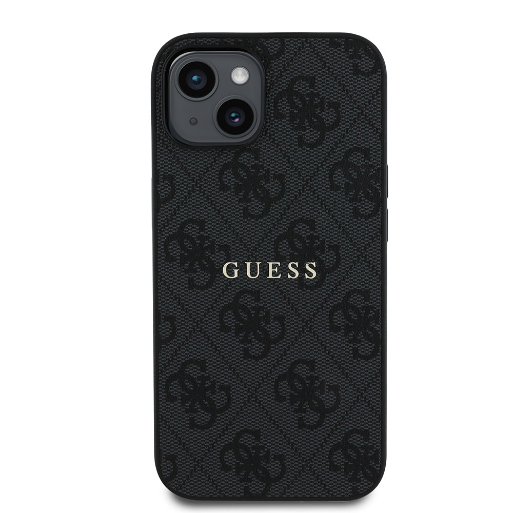 Apple iPhone 14 Kılıf Guess Orjinal Lisanslı M-safe Şarj Özellikli 4G Desen Yazı Logolu Kapak Siyah