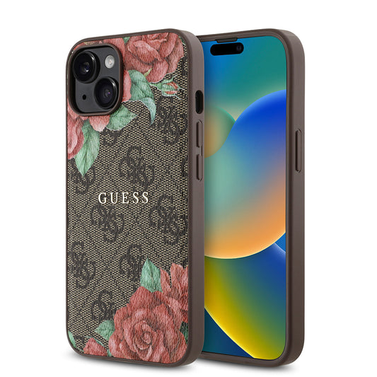 Apple iPhone 14 Kılıf Guess Orjinal Lisanslı M-safe Şarj Özellikli Gül Baskılı 4G Desenli Yazı Logolu Kapak Siyah