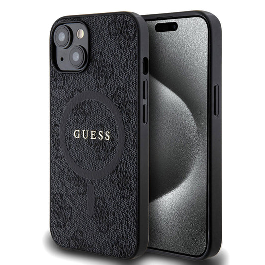 Apple iPhone 14 Kılıf Guess Orjinal Lisanslı M-safe Şarj Özellikli PU Halkalı 4G Desenli Yazı Logolu Kapak Siyah