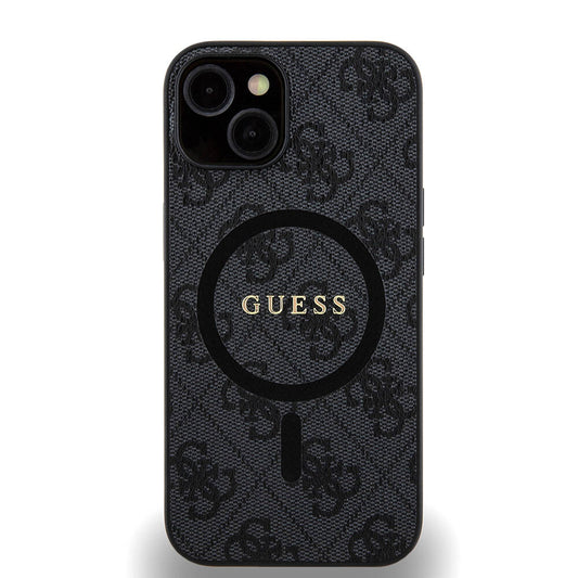 Apple iPhone 14 Kılıf Guess Orjinal Lisanslı M-safe Şarj Özellikli PU Halkalı 4G Desenli Yazı Logolu Kapak Siyah
