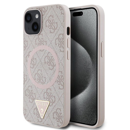 Apple iPhone 14 Kılıf Guess Orjinal Lisanslı M-safe Şarj Özellikli PU Üçgen Logo 4G Desenli Kapak Siyah