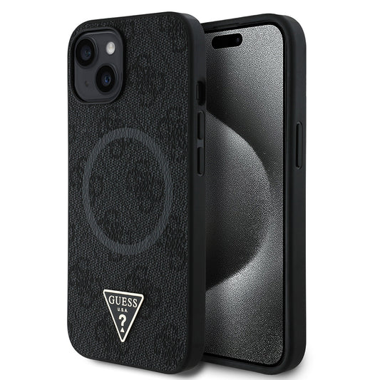 Apple iPhone 14 Kılıf Guess Orjinal Lisanslı M-safe Şarj Özellikli PU Üçgen Logo 4G Desenli Kapak Siyah