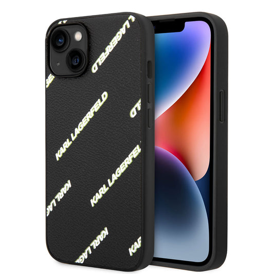 Apple iPhone 14 Kılıf Karl Lagerfeld PU Suni Deri Logolu Dizayn Kapak Siyah