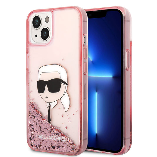 Apple iPhone 14 Kılıf Karl Lagerfeld Sıvılı Simli Karl Head Dizayn Kapak Pembe
