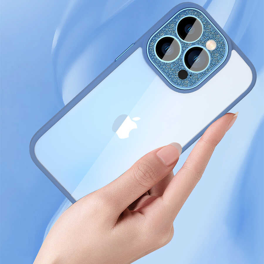 Apple iPhone 14 Kılıf Wiwu GCC-105 Lens Korumalı Renkli Kenar Arkası Şeffaf Multicolor Kapak Mavi