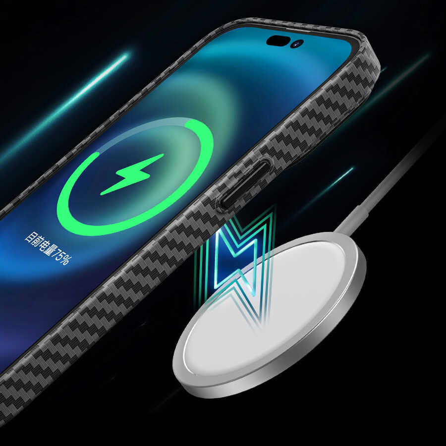 Apple iPhone 14 Kılıf Wiwu Karbon Fiber Görünümlü M-safe Wireless Şarj Özellikli Kabon Kapak Mavi