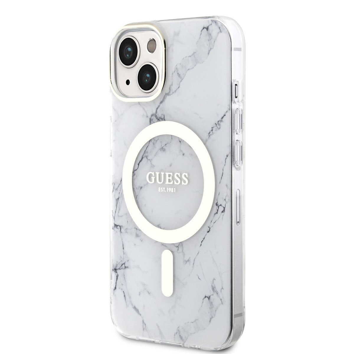 Apple iPhone 14 Plus Kılıf GUESS M-safe Şarj Özellikli Mermer Desenli Kapak Beyaz