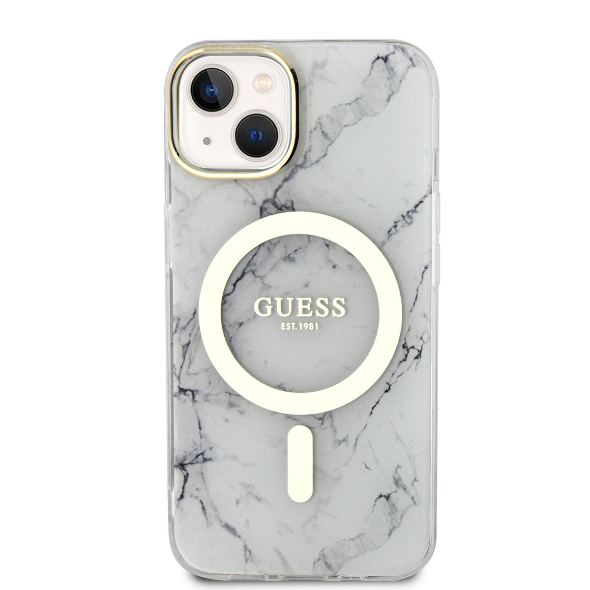 Apple iPhone 14 Plus Kılıf GUESS M-safe Şarj Özellikli Mermer Desenli Kapak Beyaz