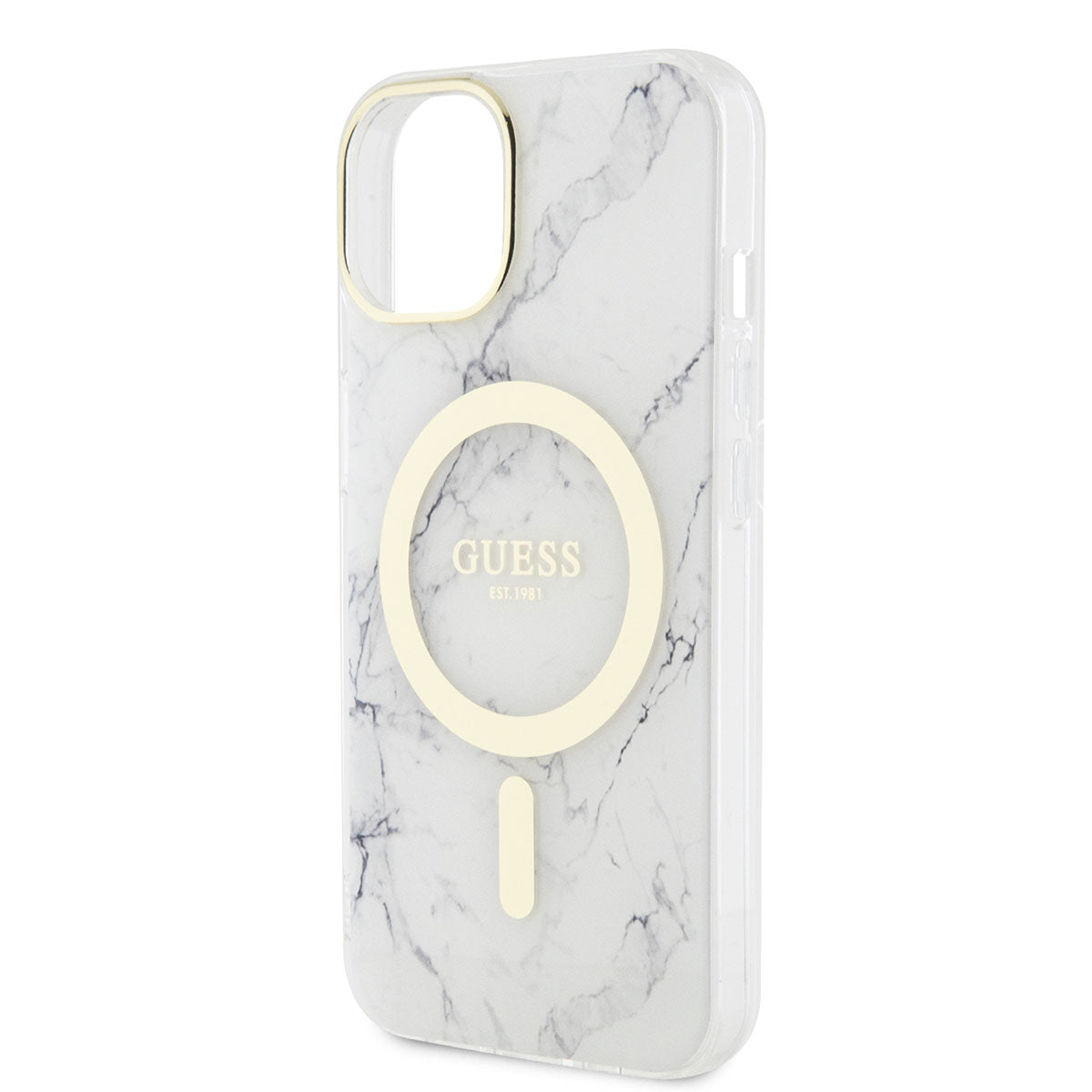 Apple iPhone 14 Plus Kılıf GUESS M-safe Şarj Özellikli Mermer Desenli Kapak Beyaz
