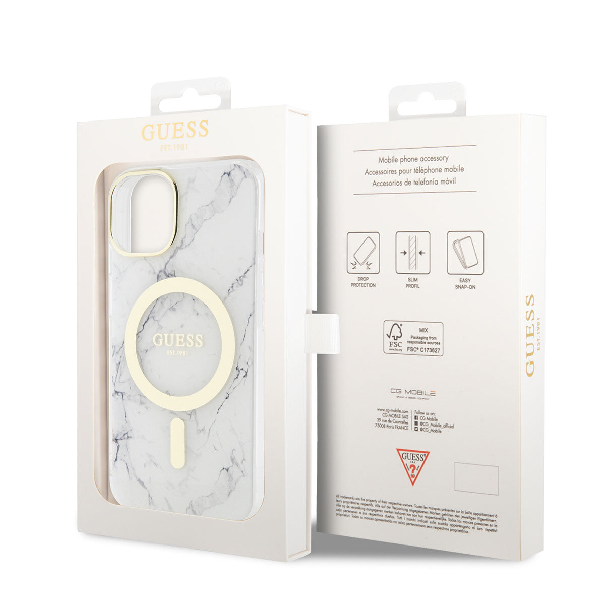 Apple iPhone 14 Plus Kılıf GUESS M-safe Şarj Özellikli Mermer Desenli Kapak Beyaz
