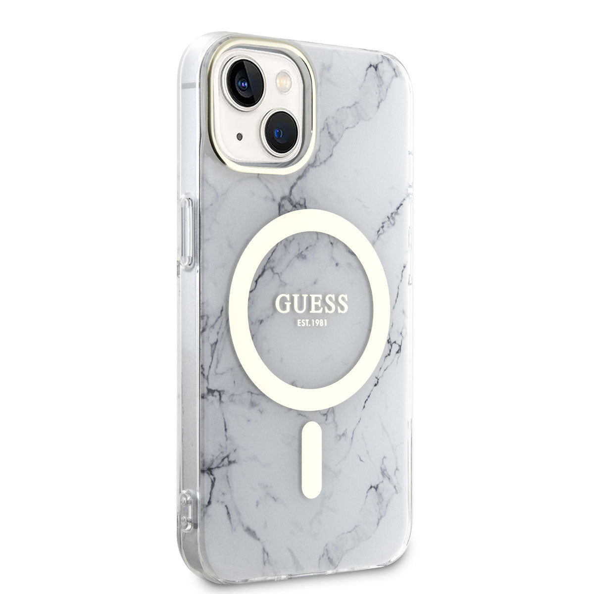 Apple iPhone 14 Plus Kılıf GUESS M-safe Şarj Özellikli Mermer Desenli Kapak Beyaz