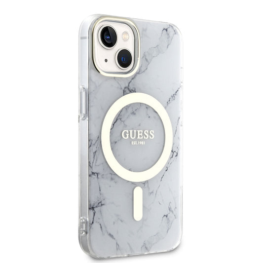 Apple iPhone 14 Plus Kılıf GUESS M-safe Şarj Özellikli Mermer Desenli Kapak Beyaz