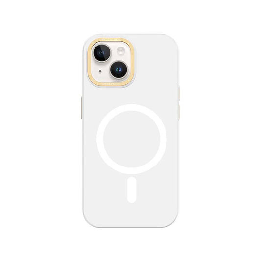 Apple iPhone 14 Plus Kılıf M-safe Şarj Özellikli Metal Kamera Çerçeveli Recci Glaze Serisi Kapak Beyaz