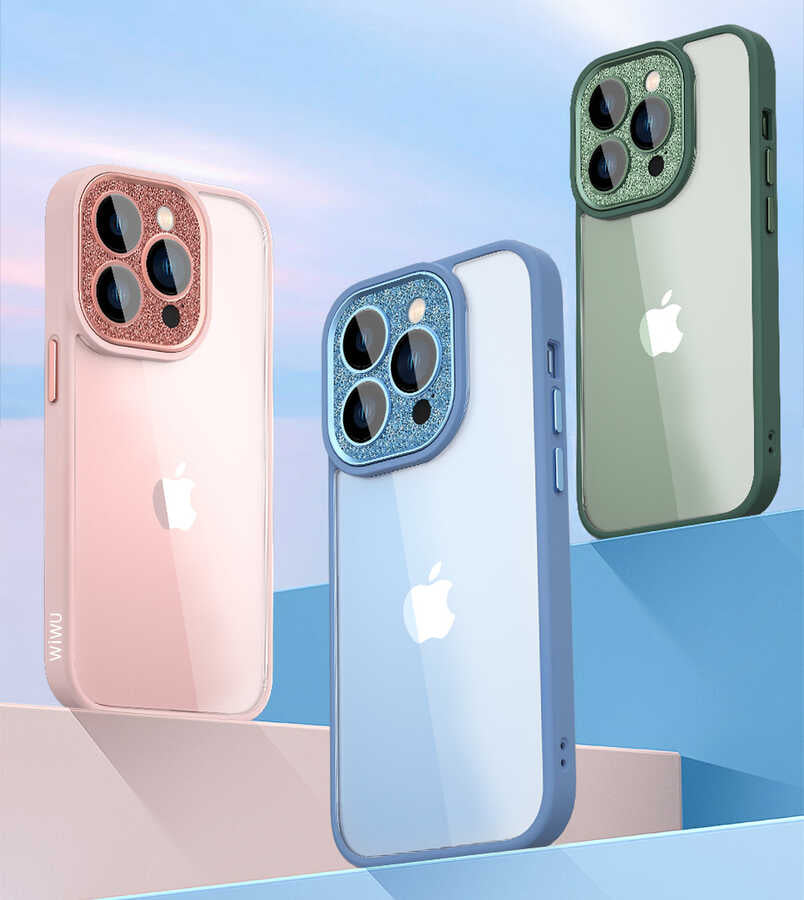 Apple iPhone 14 Plus Kılıf Wiwu GCC-105 Lens Korumalı Renkli Kenar Arkası Şeffaf Multicolor Kapak Pembe