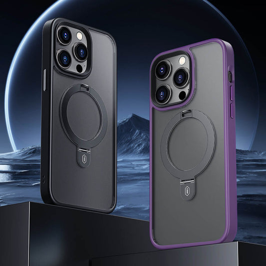 Apple iPhone 14 Plus Kılıf Wiwu ZMM-010 M-safe Şarj Özellikli Parmak İzi Bırakmayan Mat Transparan Standlı Kapak Derin Mor