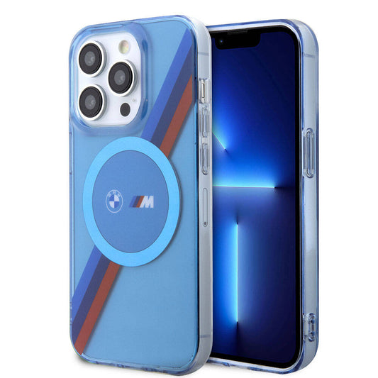 Apple iPhone 14 Pro Kılıf BMW M-safe Şarj Özellikli Transparan Tricolor Stripes Orjinal Lisanslı Kapak Mavi