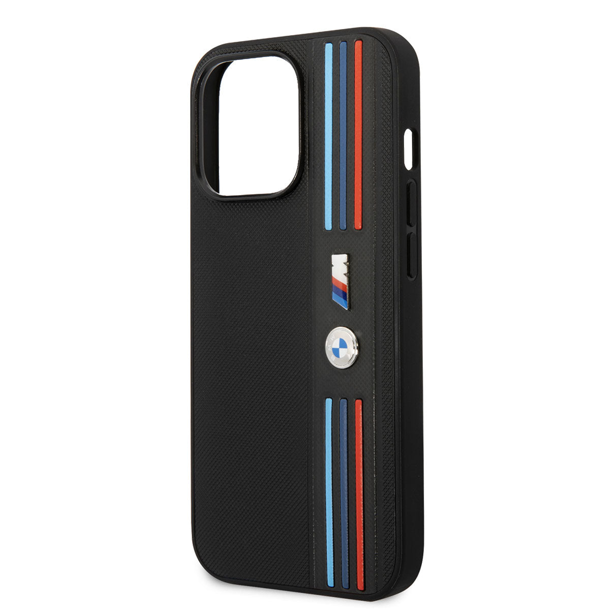 Apple iPhone 14 Pro Kılıf BMW PU Deri 3 Renkli Çizgili Örgü Dizayn Kapak Siyah