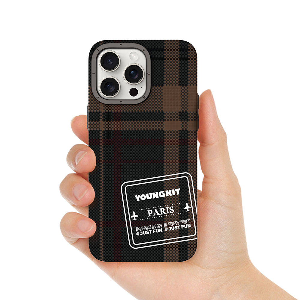 Apple iPhone 14 Pro Kılıf Ekose Desenli Youngkit Gezhi Serisi Kapak Kahverengi