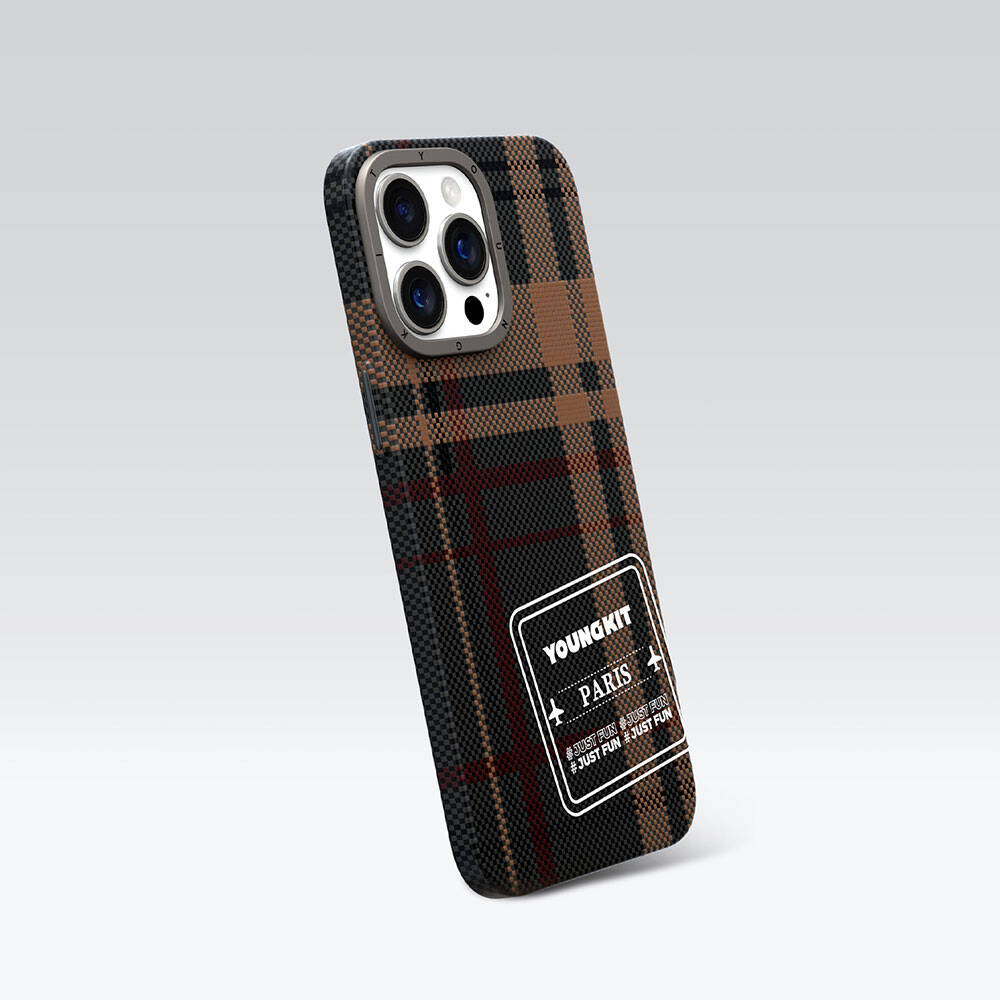 Apple iPhone 14 Pro Kılıf Ekose Desenli Youngkit Gezhi Serisi Kapak Kahverengi