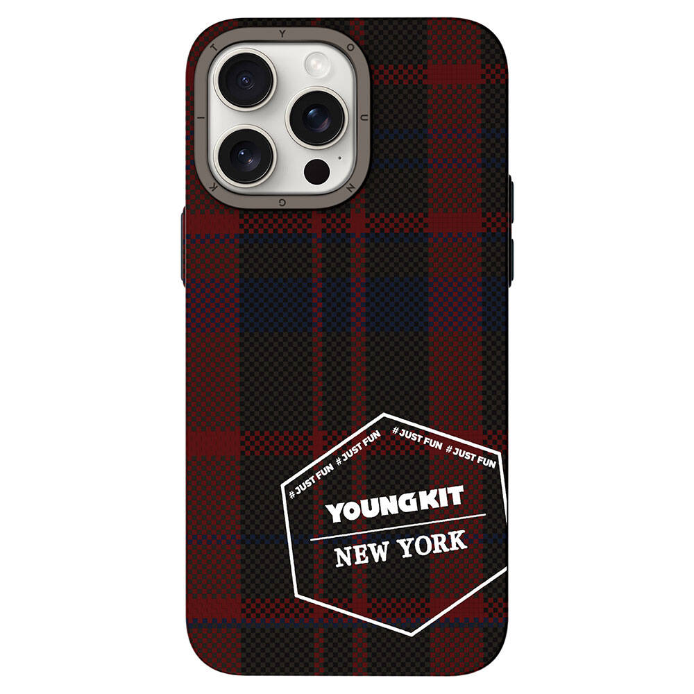 Apple iPhone 14 Pro Kılıf Ekose Desenli Youngkit Gezhi Serisi Kapak Kahverengi