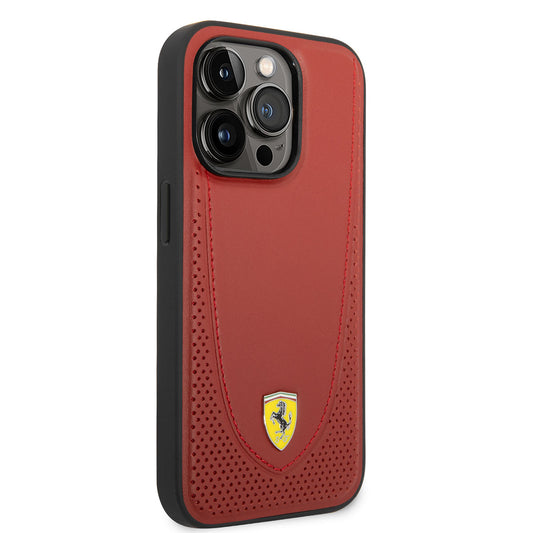 Apple iPhone 14 Pro Kılıf Ferrari M-safe Şarj Özellikli Deri Delikli Dikişli Dizayn Kapak Kırmızı