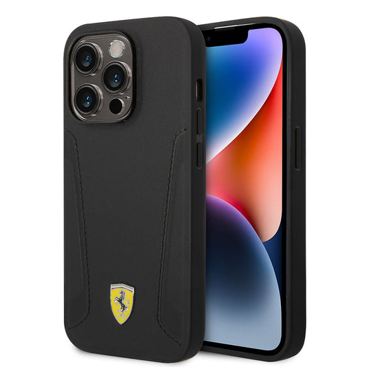 Apple iPhone 14 Pro Kılıf Ferrari M-safe Şarj Özellikli Deri Kenarları Damgalı Dizayn Kapak Siyah