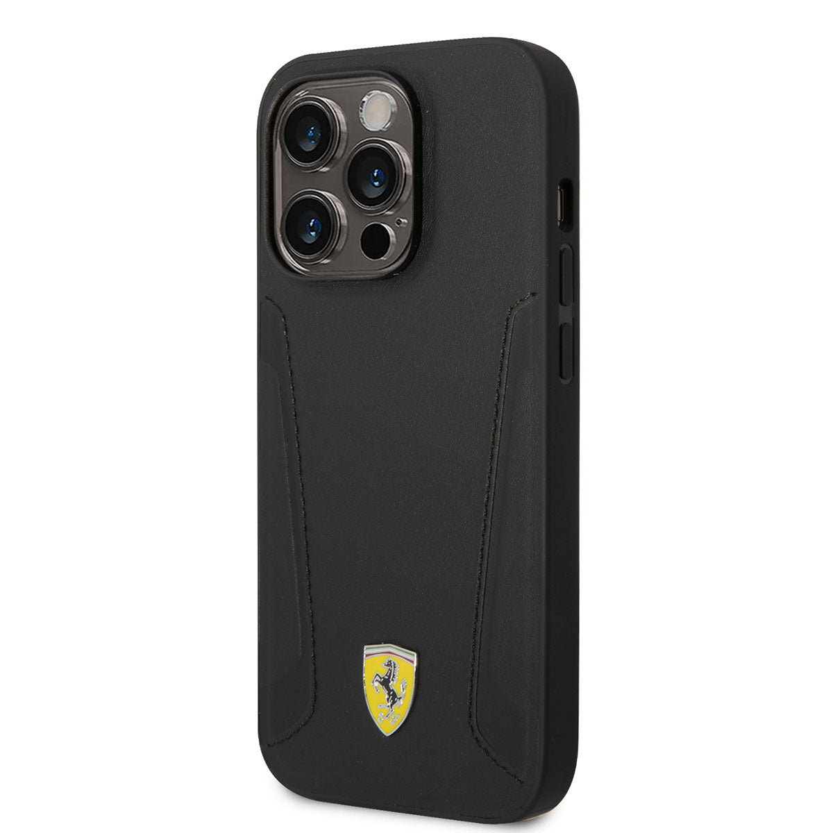 Apple iPhone 14 Pro Kılıf Ferrari M-safe Şarj Özellikli Deri Kenarları Damgalı Dizayn Kapak Siyah