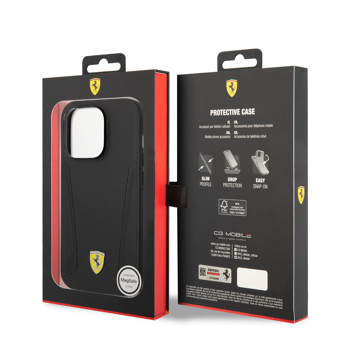 Apple iPhone 14 Pro Kılıf Ferrari M-safe Şarj Özellikli Deri Kenarları Damgalı Dizayn Kapak Siyah