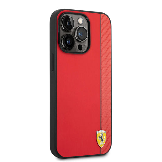 Apple iPhone 14 Pro Kılıf Ferrari M-safe Şarj Özellikli PU Deri Karbon Şeritli Dizayn Kapak Kırmızı