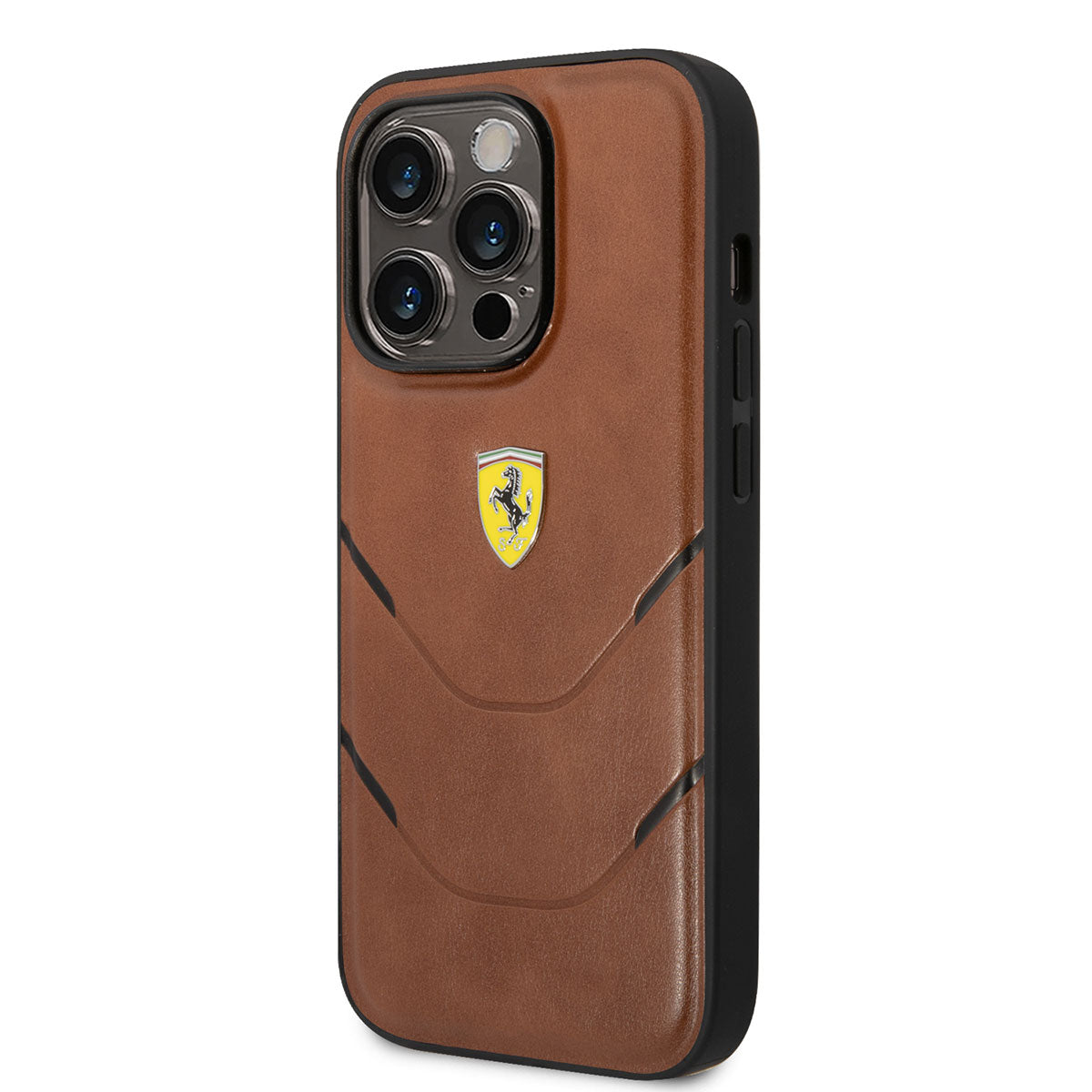 Apple iPhone 14 Pro Kılıf Ferrari Orjinal Lisanslı PU Deri Sıcak Baskı Çizgili Dizayn Kapak Kahverengi